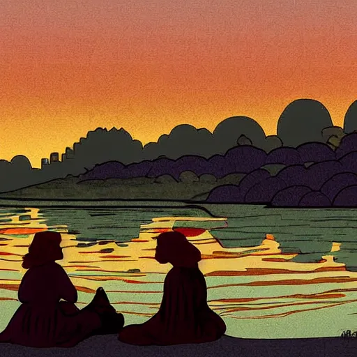 Prompt: the women gathered by the river as the sun set , high quality digital art in the style of Art Nouveau,