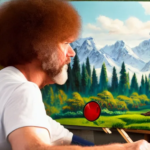 Image similar to a closeup photorealistic photograph of bob ross working on a canvas painting of mickey mouse. film still. brightly lit scene. mountains and trees. this 4 k hd image is trending on artstation, featured on behance, well - rendered, extra crisp, features intricate detail, epic composition and the style of unreal engine.