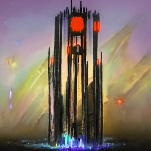 Image similar to an omenous biopunk tower with glowing lights rising in the distance, painting by John Berkley