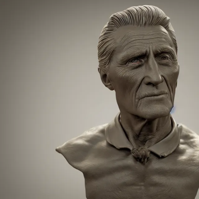 Prompt: photography of a bust of old Kirk Douglas made of clay by Sebastian Kruger and Michelangelo, 50mm, studio atmosphere, 8K, rim light, octane render, ultra-realistic