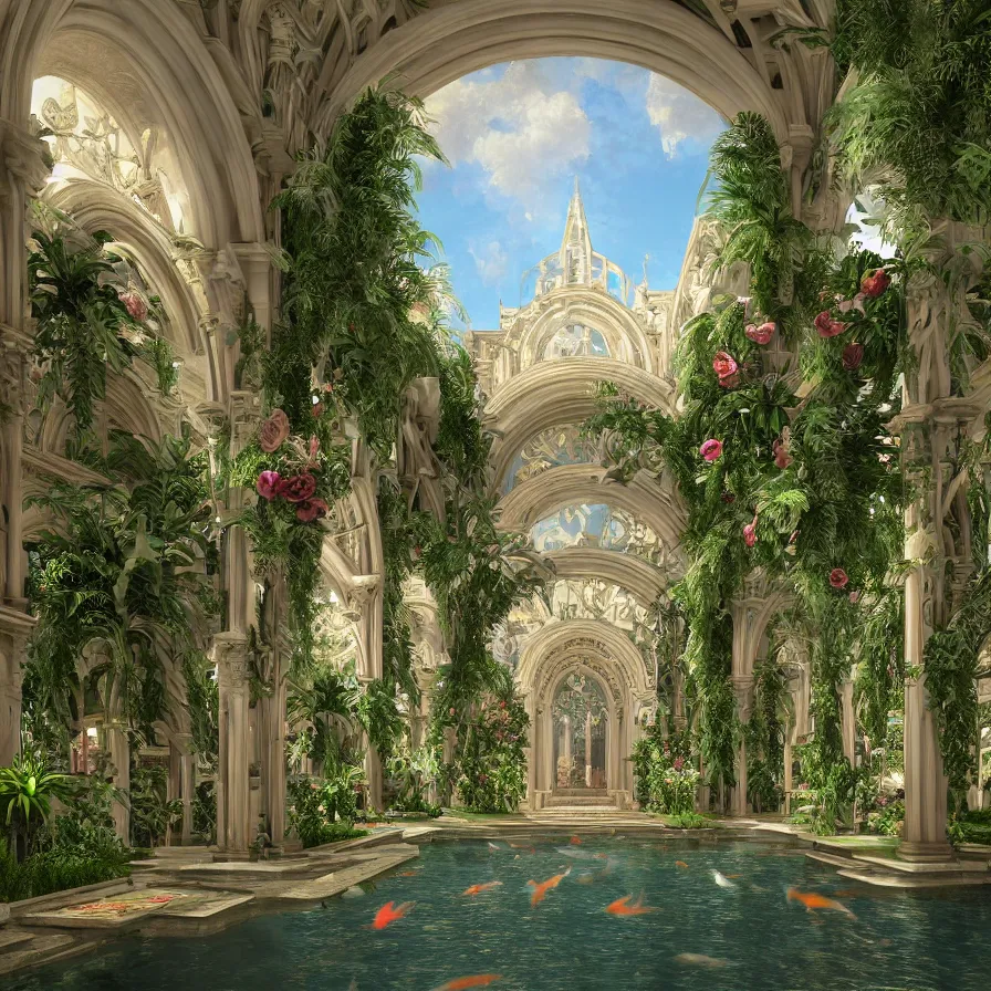 Image similar to beautiful cathedral interior with koi pond in the middle surrounded by palm trees, ivy, flowers, tropical plants, roses, and with archways, rendered in octane render with photorealistic volumetric lighting, cinematic,!! horizontal symmetry!!, a flemish baroque by thomas cole, sanctuary, unsplash contest winner, maximalism, sanctuary