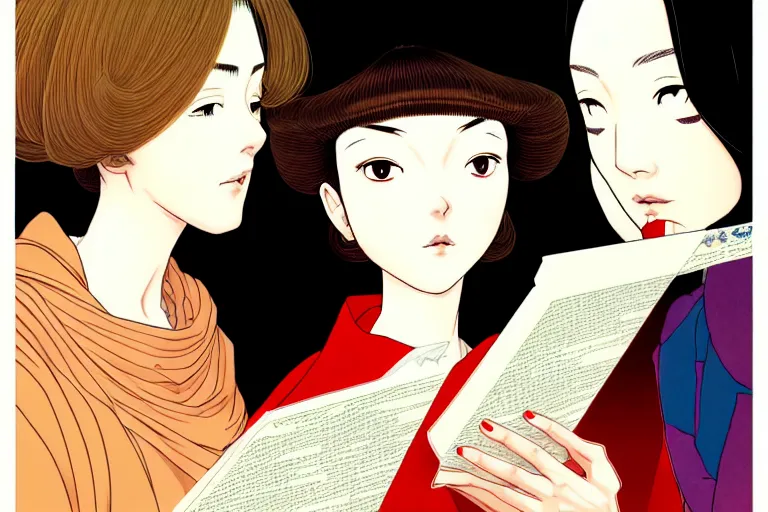 Image similar to portrait of two wise and very beautiful women discussing some texts appearing in a computer screen, art by satoshi kon, intricate, elegant, highly detailed, smooth, sharp focus, artstation