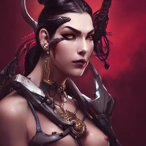 Image similar to dark fantasy character portrait of Widowmaker from Overwatch, intricate, wild, highly detailed, digital painting, artstation, upper body, concept art, smooth, sharp focus, illustration, art by artgerm and greg rutkowski and alphonse mucha