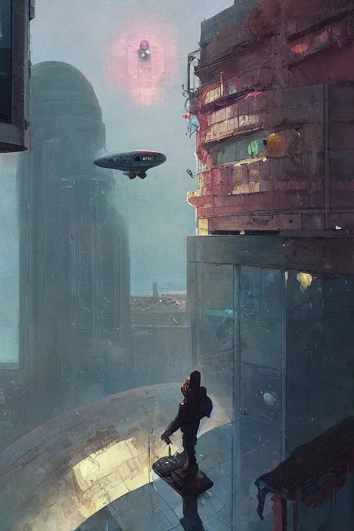 Prompt: Portrait unknown guy washing the window of a giant building with a small spaceship in the background. Beeple, grimshaw, thomas cole, ismail inceoglu, winslow homer, greg rutkowski, gerald brom, marc simonetti, simon stalenhag, anton fadeev, donglu yu