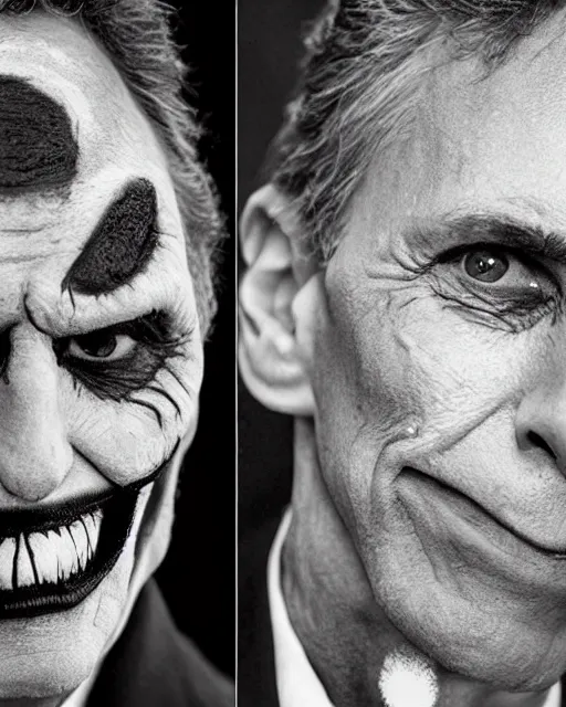 Image similar to Mauricio Macri in Elaborate Cat Man Makeup and prosthetics designed by Rick Baker, Hyperreal, Head Shots Photographed in the Style of Annie Leibovitz, Studio Lighting, Mauricio Macri as the Joker