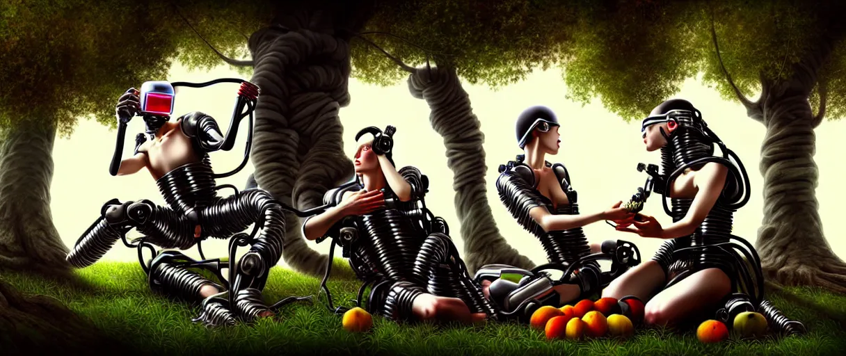 Prompt: minimalist hyperdetailed photorealistic cyborgs under a big tree, eating interesting elaborate fruits, with simple clothing. in the style of Caravaggio, with liberty cyberpunk and flemish baroque mixed media elements. beautiful! accurate hyperrealistic soft pastel tones. matte background HD 8x