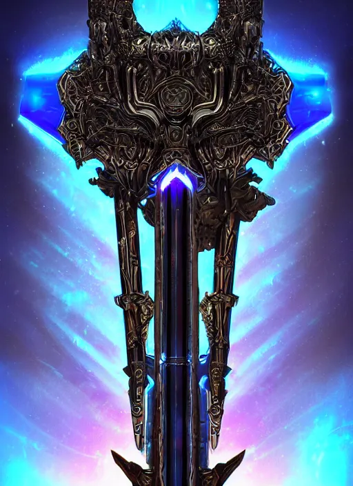 Image similar to legendary glowing sword of cybernetic technology, intricate, sharp black and iridescent blade, ornate gothic baroque spikes coming out, colorful hilt, vivid detailed realistic, ray tracing, colored gems, golden pommel, artstation, deviantart