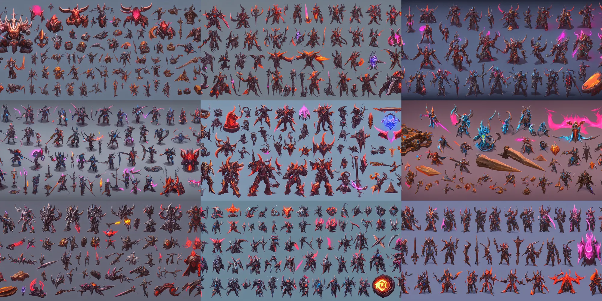Prompt: game asset of full set diablo equipments, in gouache detailed paintings, props, stylized, 2 d sprites, kitbash, arcane, overwatch, blue and pink color scheme, 8 k, close up