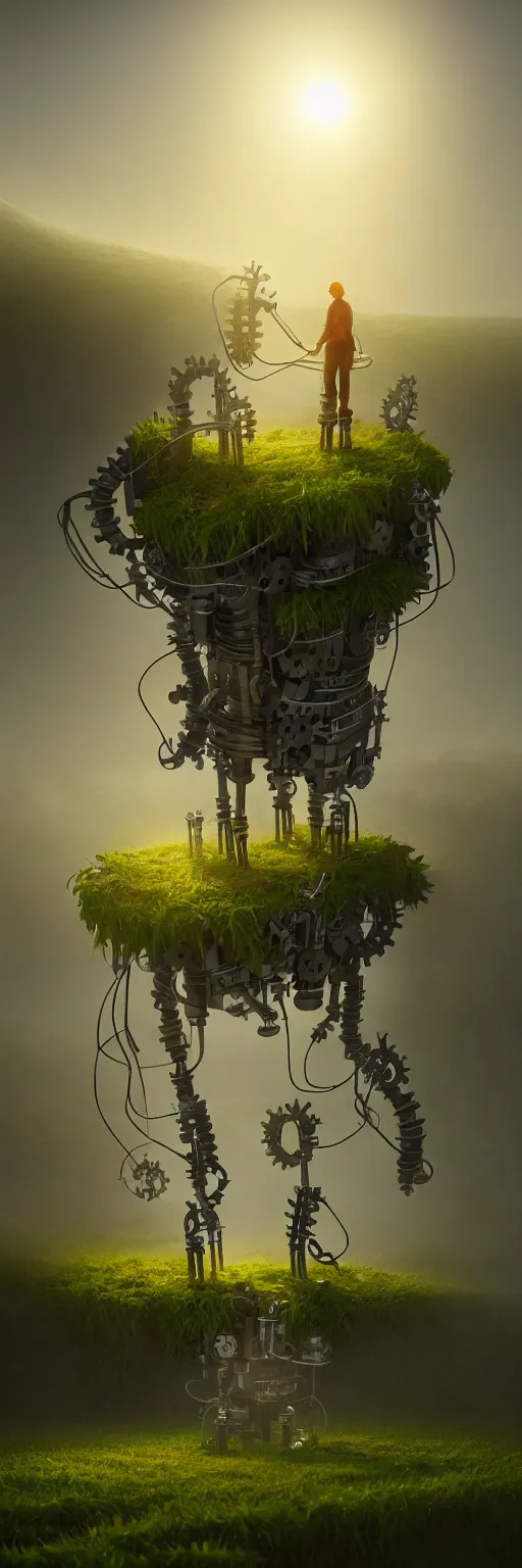 Image similar to a walking mechanical castle with legs, vines, pilar, hyperrealistic, highly detailed, cinematic, single ray of sun, fog, beautiful, cgssociety, artstation, 8 k, oil painting