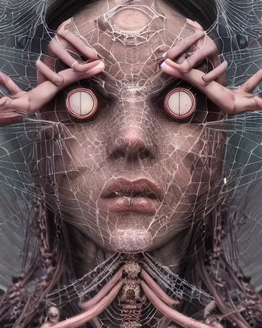 Image similar to timeless spiderwoman deity with circuitry skin and networked mind tripping on acid, intricate detail, royo, whealan, giger, klimt, hd, octane render, unreal engine,