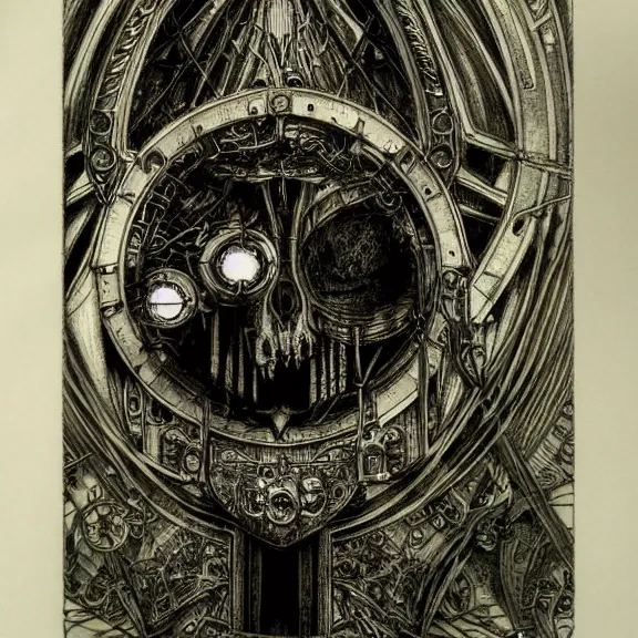 Prompt: machine assassin design drawing by yoshitaka amano, headshot, detailed realistic etching, memento mori, gothic, steampunk, art nouveau, neogothic, elegant, horizontal symmetry, cathedral architecture