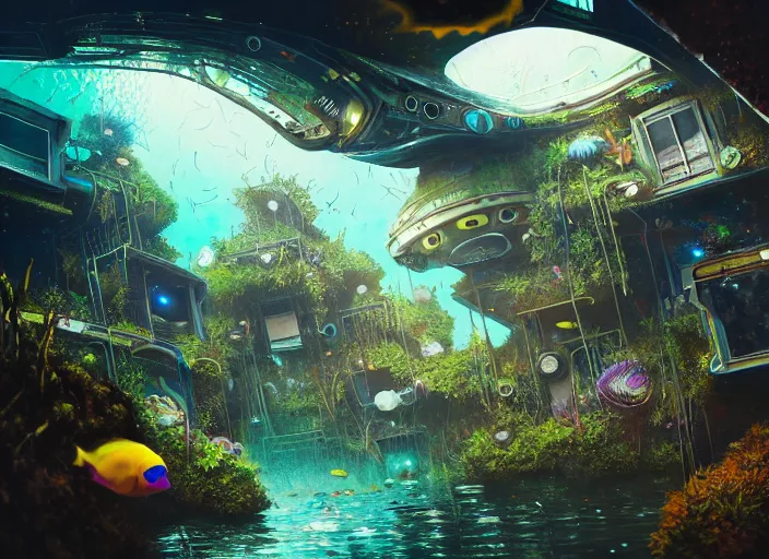 Image similar to overgrown favela spaceship cathedral, underwater environment, scenery, professional, award - winning, trending on artstation, hyper detailed, realistic, beautiful, emotional, shiny, colorful, picture