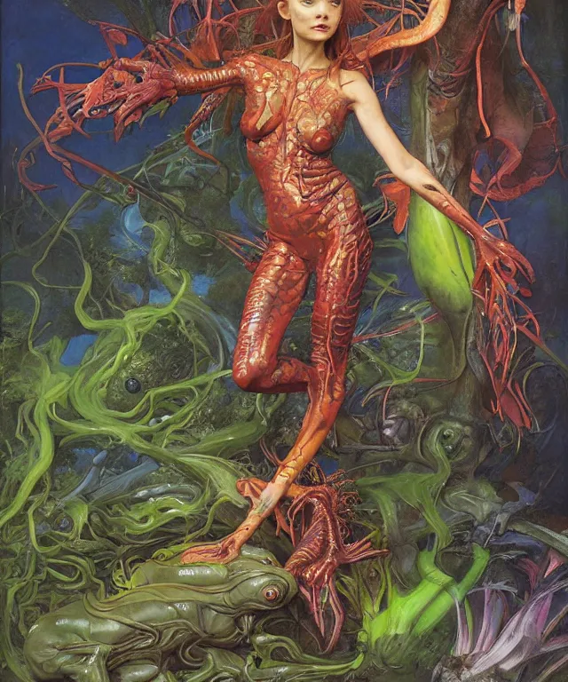 Image similar to a portrait photograph of a tropical alien succubus with slimy amphibian skin being painted like a bird. she looks like sadie sink and is wearing a colorful infected sleek organic catsuit. by donato giancola, hans holbein, walton ford, gaston bussiere, peter mohrbacher and brian froud. 8 k, cgsociety, fashion editorial