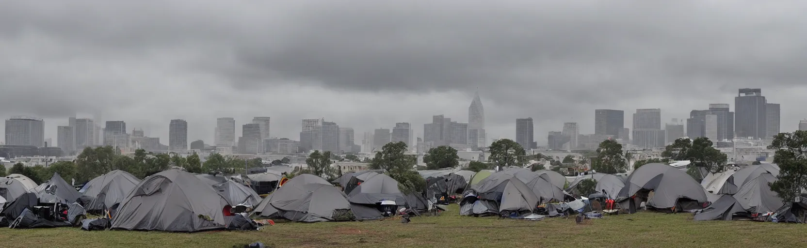 Prompt: cloudy, grey skies, american knights, tent camp in foreground, fortress city of office buildings in background upon hill