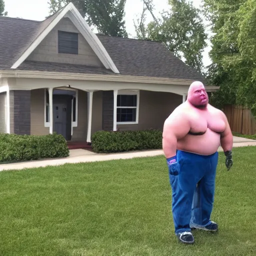 Prompt: Paul Schrier as Bulk standing near a house