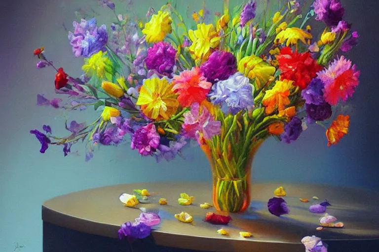 Prompt: vase of melting flowers by jan davidsz, surreal oil painting, luminous, soft lighting, colorful illustration, highly detailed, dream like