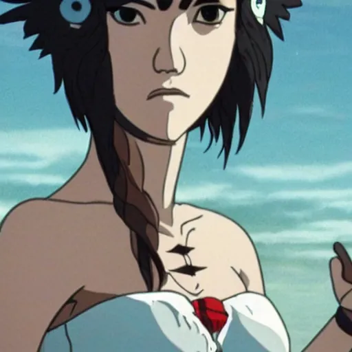 Image similar to mary elizabeth winstead as princess mononoke, still frame, sharp focus, art by cinematic