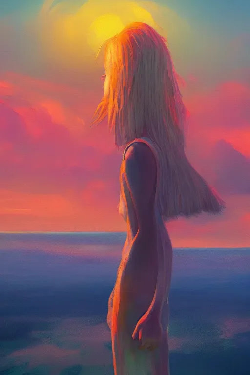 Image similar to closeup huge dahlia flower head, girl standing on beach, surreal photography, blue sky, sunrise, dramatic light, impressionist painting, digital painting, artstation, simon stalenhag