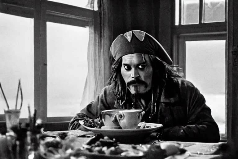 Prompt: soviet movie still jack sparrow sitting at a table next to the window with food, dark warm light, a character portrait by margarita terekhova, movie stalker solaris film still by andrei tarkovsky, 8 k, 1 9 8 4, close - up bokeh, gelios lens, color, noir