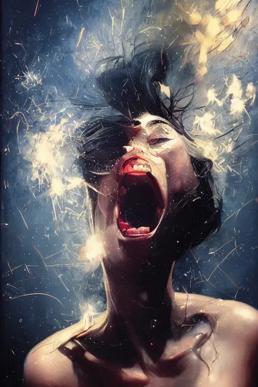 Prompt: no negative space uhd hyperrealistic photorealisitc hyperdetailed detailed soyfaced reddit mod screaming, motion lines!!!! sparks flying!!! motion blur!! with sparking circuits, studio lighting, by phil hale!!!! goya!!! ayami kojima amano karol bak, greg hildebrandt and mark brooks