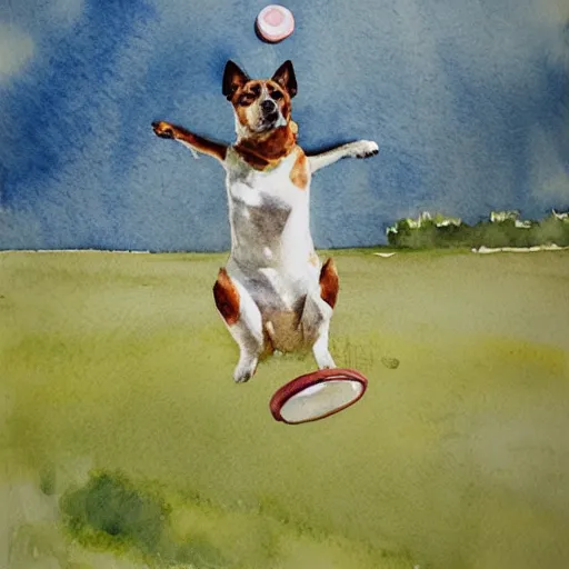 Image similar to a dog jumping to catch a frisbee in a field, watercolor