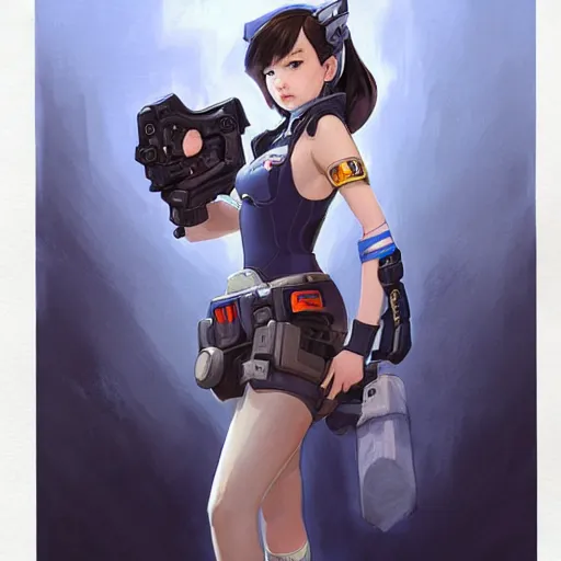 Prompt: Stunning Portrait of D.VA from Overwatch wearing a police uniform by Kim Jung Gi, holding handcuffs in one hand Blizzard Concept Art Studio Ghibli. oil paint. 4k. by brom, Pixiv cute anime girl wearing police gear by Ross Tran, Greg Rutkowski--cfg_scale 12