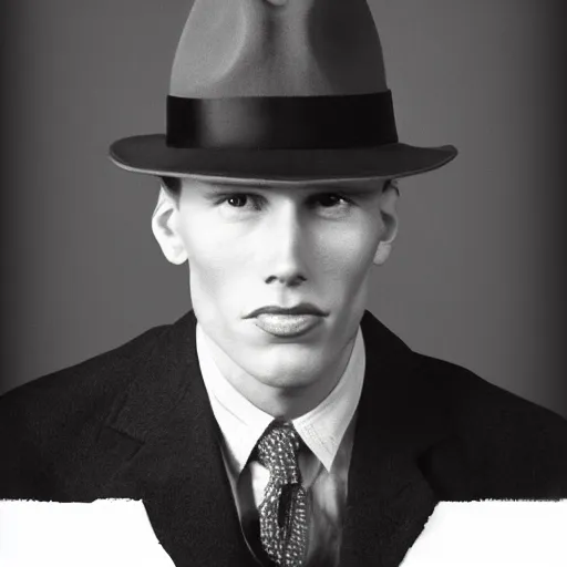 Image similar to A photograph portrait of Jerma985 wearing a suit with and fedora in the 1940s, taken in the early 1940s, grainy, taken on a 940s Kodak Camera, realistic, hyperrealistic, very realistic, highly detailed, very detailed, extremely detailed, detailed, digital art, trending on artstation