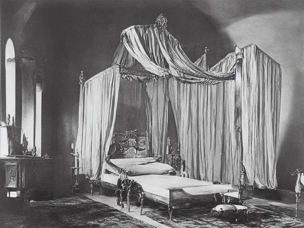 Image similar to gothic baldachin bed with home of the wasp. karl blossfeldt, salvador dali