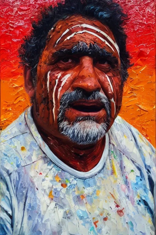 Prompt: palette knife oil painting portrait of eddie dreamtime, an athletic middle - aged man in hipster outback wear and australian aboriginal body paint, concrete balcony, artstation trending, artgerm, any racial background, deviant art, octane, substance, art history 8 k