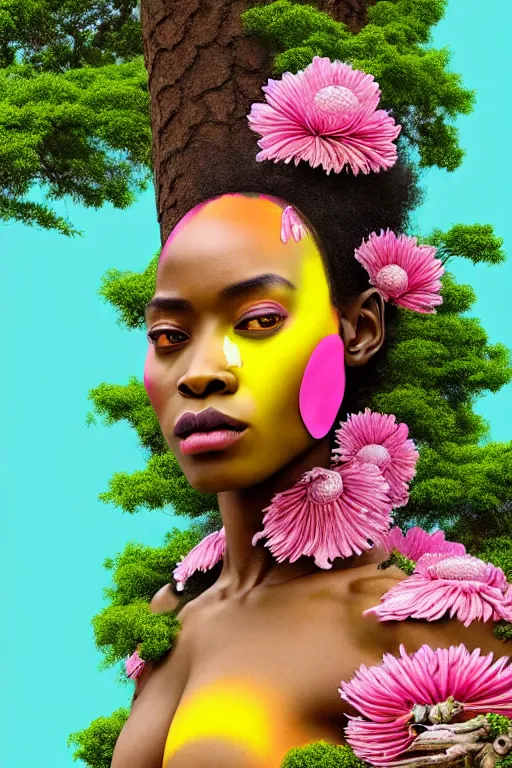 Image similar to hyperrealistic neo - rococo cinematic super expressive! yoruba goddess with exoskeleton armor, merging with tree in a forest, pink yellow flowers, highly detailed digital art masterpiece, smooth cam de leon eric zener dramatic pearlescent soft teal light, ground angle hd 8 k, sharp focus