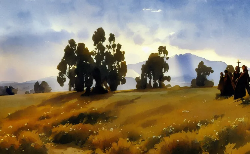 Prompt: california style watercolor painting of scandinavian meadow, plains, very beautiful ambient lighting, sun rays, dust, art by john singer sargent, by anders zorn, wonderful masterpiece by greg rutkowski, cinematic light, american romanticism by greg manchess, creation by tyler edlin