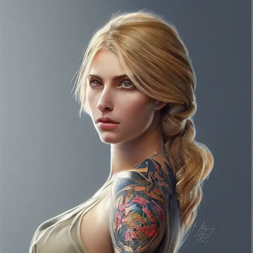 Image similar to ultra realistic illustration, a hot and beautiful tattooed blonde slavic woman in her 3 0's, intricate, elegant, highly detailed, digital painting, artstation, concept art, smooth, sharp focus, illustration, art by artgerm and greg rutkowski and alphonse mucha