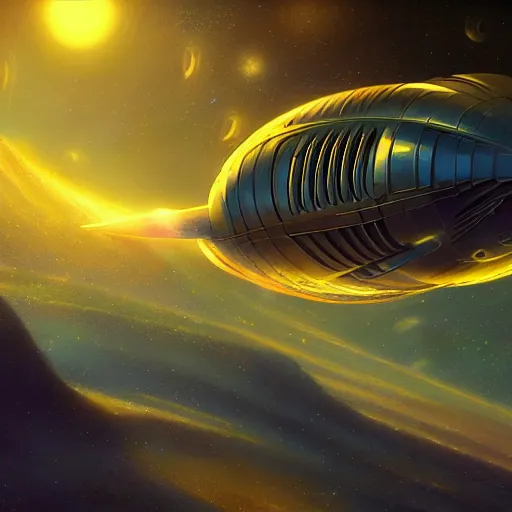 Image similar to cinematic shot long space ship flying in deep space golden hull long golden tentacles steampunk style atmosferic retro style ames eads casper david friedrich raphael lacoste vladimir kush tim white leis royo michael whelan bruce pennington volumetric light effect broad light oil painting painting fantasy art style sci - fi art style realism artwork unreal engine