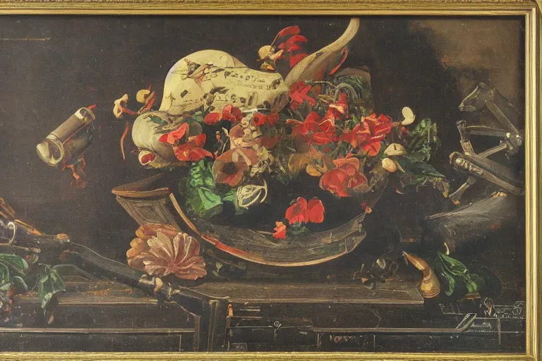 Image similar to a vanitas painting depicting an NVIDIA RTX A100 GPU, graphics card