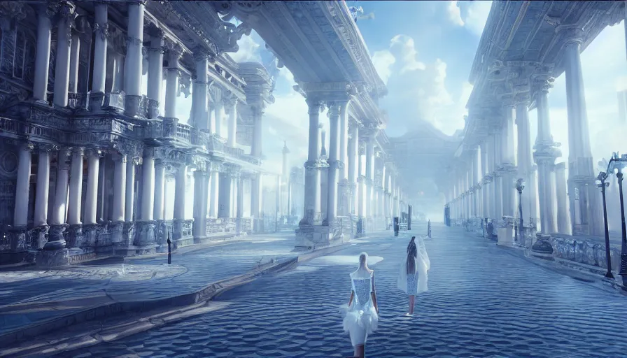 Image similar to Fashion Catwalk!! Walkway in an Angelic Floating City in the Clouds, Hyperrealistic, Intricate Details, Raytracing, Volumetric Lighting, Lightshafts, Blue and White Color Palette, Unreal Engine 5, Photorealism, Concept Art