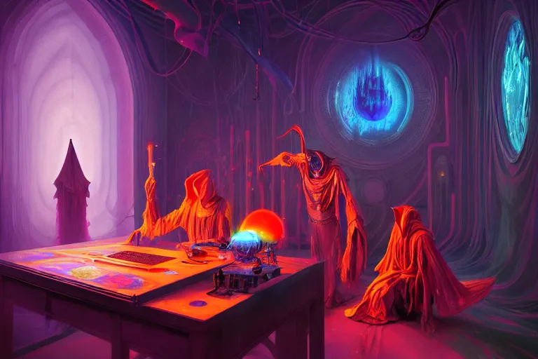 Image similar to a highly detailed beautiful masterpiece painting of a technomancer wizard in robes with pointed hood discussing sentience with his synthesized AI djinn in his laboratory near a computer by Remedios Varo and Anato Finnstark and Greg Rutkowski, dayglo pink, dayglo blue, dazzle camouflage, 8k, trending on ArtStation, rendered in Octane, volumetric lighting