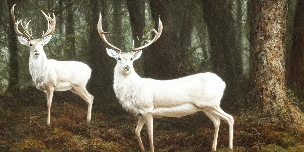 Image similar to an oil painting of the king of the forest: a white stag, beautiful, fantasy, hyper realistic, dramatic lighting, 8k,