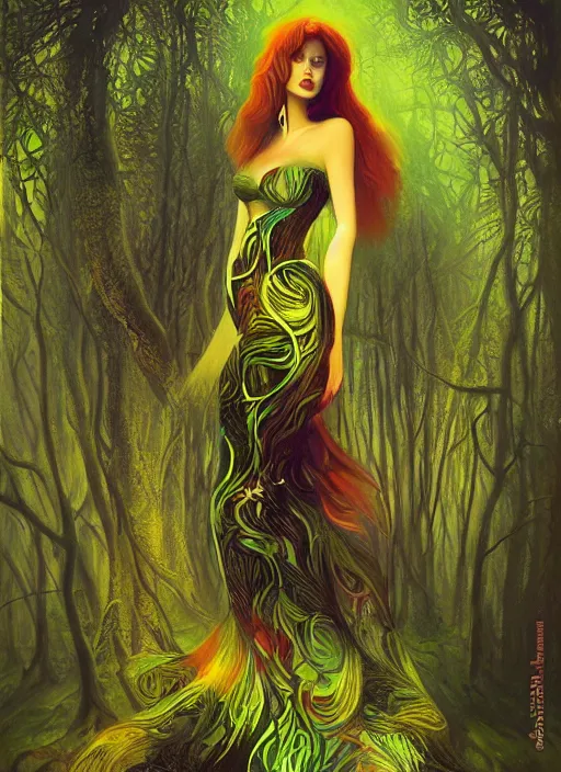 Prompt: junoesque curvaceous fey queen, vine dress, glowing forest, strong line, eerie color, beautiful! coherent! by mariusz lewandowski