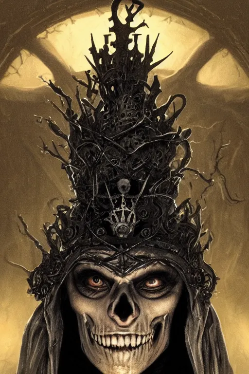 Prompt: centered portrait of the Shadow King wearing a crown formed out of shadows, cape, skull mask, character concept, high fantasy, gothic, dark atmosphere, malice, medium shot, symmetrical face, golden ratio, cinematic lighting, hyperdetailed, high resolution, insanely detailed and intricate, artstation, Marc Simonetti, Greg Rutkowski, H R Giger, octane render, 8k