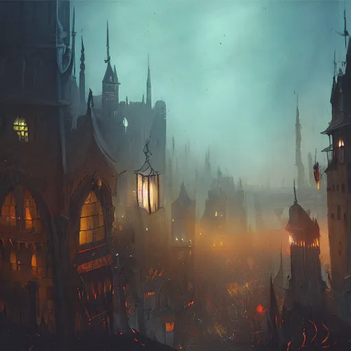 Prompt: fantasy dark medieval cityscape, painting, drone shot, lights in the dark, lanterns, fog, people in the streets, sharp roofs, small buildings, city wall, smoke, dark fantasy, magic the gathering, fantastic artwork, 4 k, trending on artstation, by greg rutkovski, high fantasy, barren landscape, fountains of blood