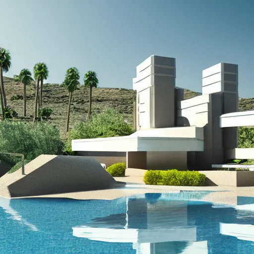 Image similar to architectural rendering of biophilia brutalism building in the desert, pool, garden