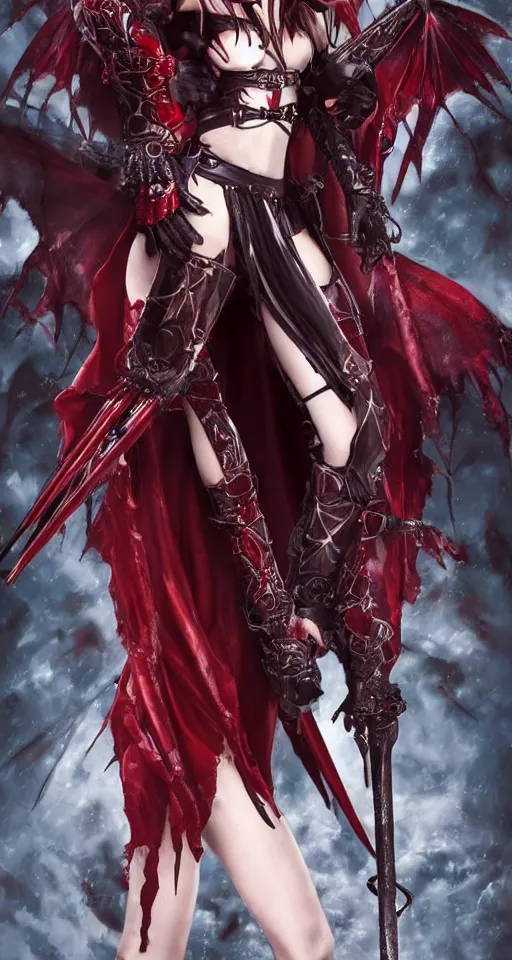 Prompt: female vampire knight, barefoot, full body armor, plate armor, carnival mask, giant two - handed sword dripping blood, crimson colored wings, grinning, barefeet, fantasy art.