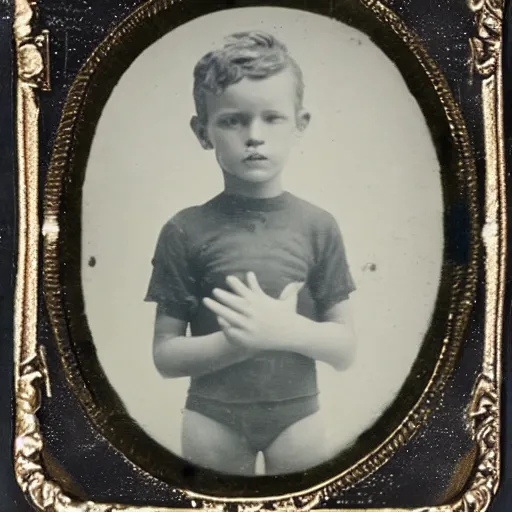 Image similar to tintype photo, swimming deep underwater, kid with huge crab