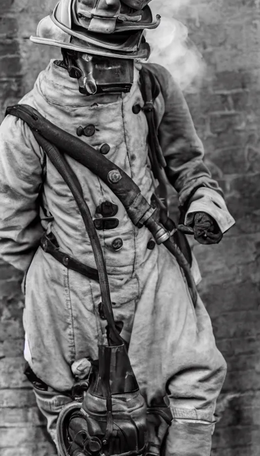 Image similar to 1 8 th century fire fighter with breathing apparatus and high tech gear, cutting edge technology of the time, fire fighter gear from the 1 8 0 0's, fireman wearing protective gear and breathing equipment, early oxygen tanks, early breathing equipment to help survive fires and smoke a museum piece from early 1 8 0 0's