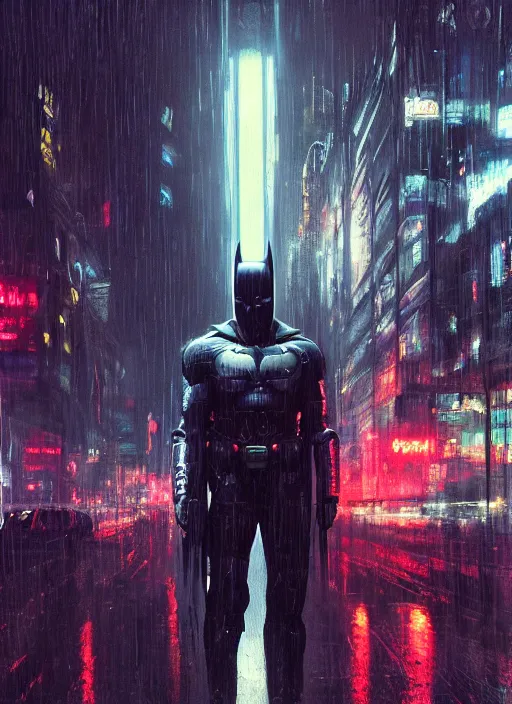 Image similar to cyberpunk batman, rule of thirds, russia, moscow, rain, lights, close - up, high quality, ultrarealistic, sculls, neon glow, 3 d, 8 k, ultra high detailed, by giger, trending on artstation, spotlight, by greg rutkowski, by da vinci, by van gogh, by jeremy mann, digital painting