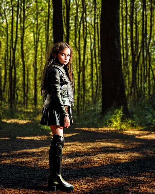 Image similar to hyperrealistic mithra young girl in her 20s intricate knee high black flat boots and leather jacket in a forest sun behind her concept art eric zener elson peter cinematic blue light low angle hd 8k sharp shallow depth of field