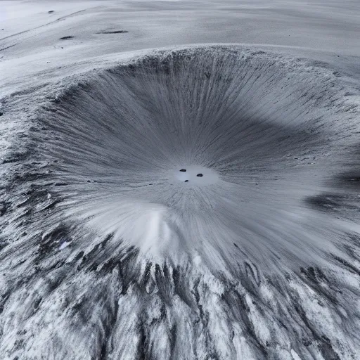 Prompt: an aerial photo of a crater in an icy wasteland, emitting a column of black smoke