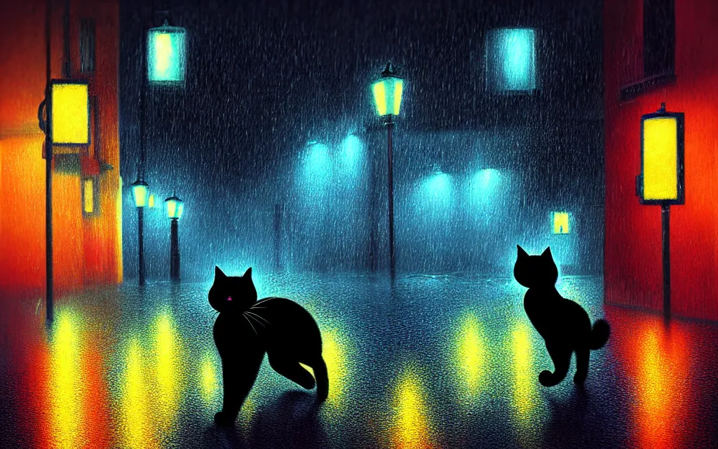 Prompt: black cat running through heavy rain in an emprty neon lit street at night by wlop, ultra detailed color art, high detail, digital art