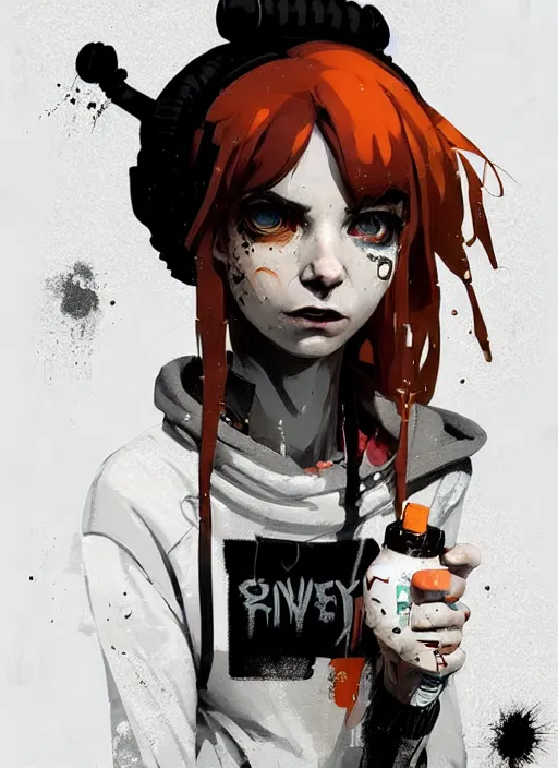 Prompt: highly detailed portrait of a sewer punk lady student, tartan hoodie, white hair by atey ghailan, by greg rutkowski, by greg tocchini, by james gilleard, by joe fenton, by kaethe butcher, gradient, orange, black, brown and cream color scheme, grunge aesthetic!!! white graffiti tag wall background