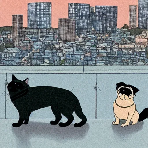 Image similar to a black cat and pug dog hold hands and look out over a city, Miyazaki, studio ghibli